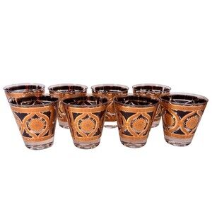 Vtg MCM Fred Press Sunflower 8 Rocks Glasses Black 22K Gold Barware Set Signed